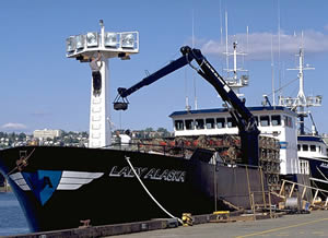 The Lady Alaska is loaded with crab pots at Seattle's Fishermen's Terminal.